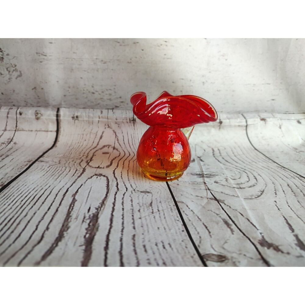 Vintage Hand Blown Crackle Glass Amberina Mini Pitcher Creamer Applied Handle 3"